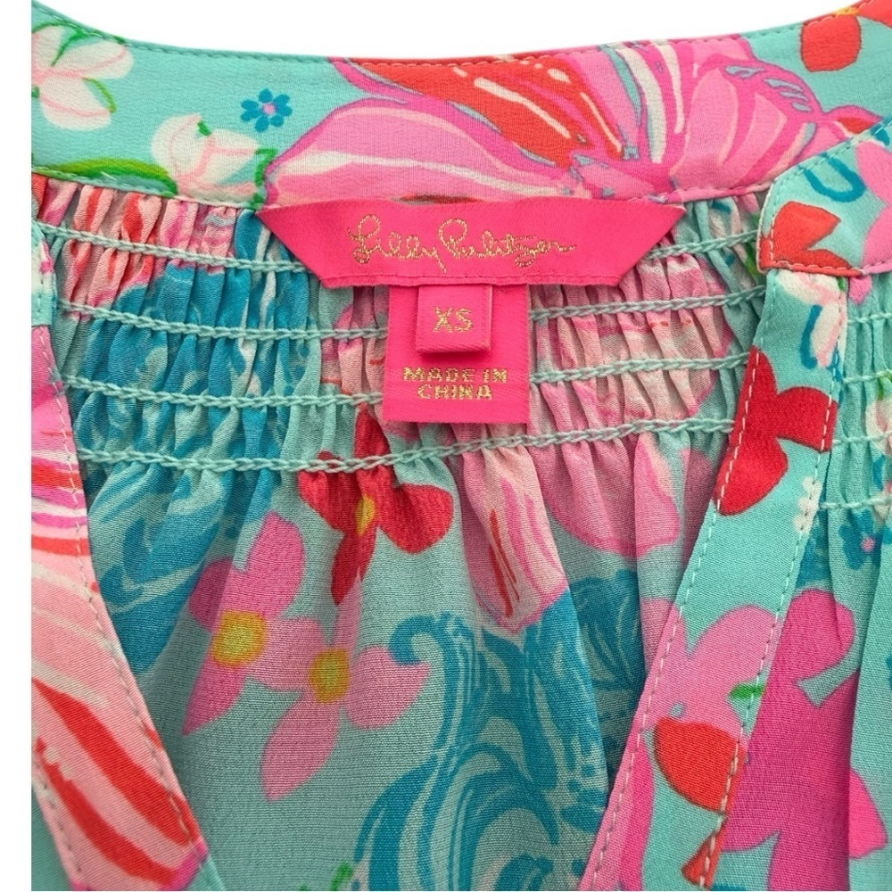 Lilly Pulitzer Elsa Silk Top Surf Blue Luscious Lions Floral Blouse XS - Picture 8 of 11
